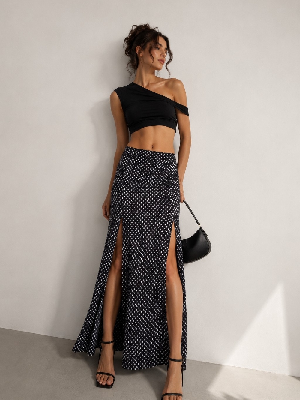Simons Black Maxi Skirt with White Details and High Slits